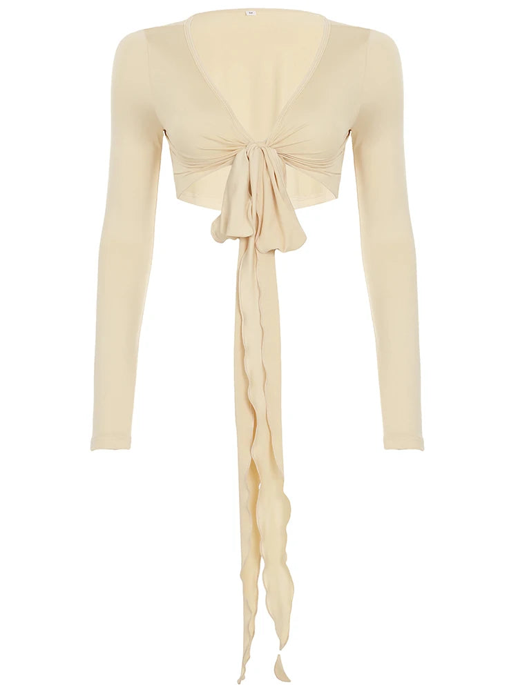 Slim Lace-Up V-Neck Top Long Sleeve