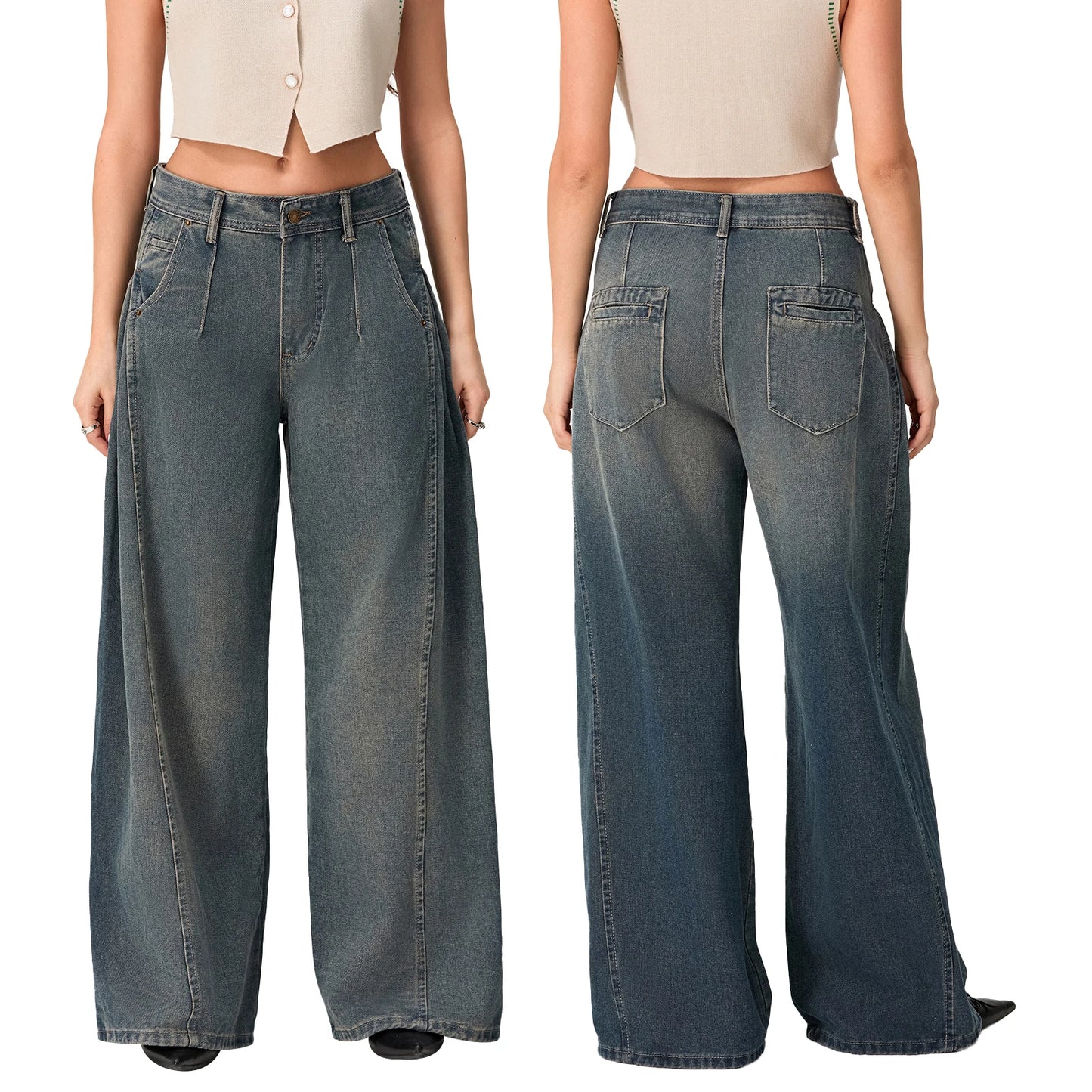 Washed Denim Baggy Jeans with Pleats