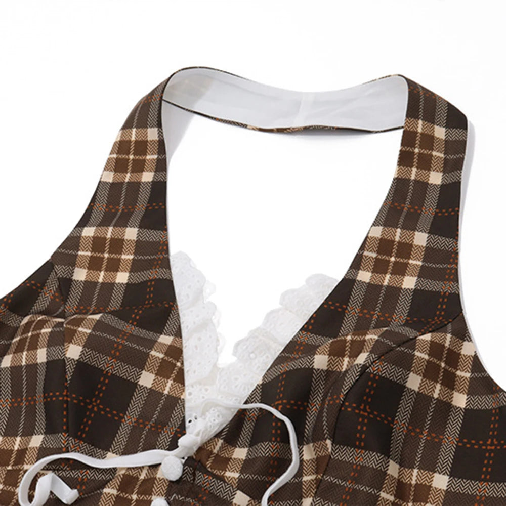 Plaid Halterneck Crop Top – V-Neck, Backless with Lace & Bow Detail