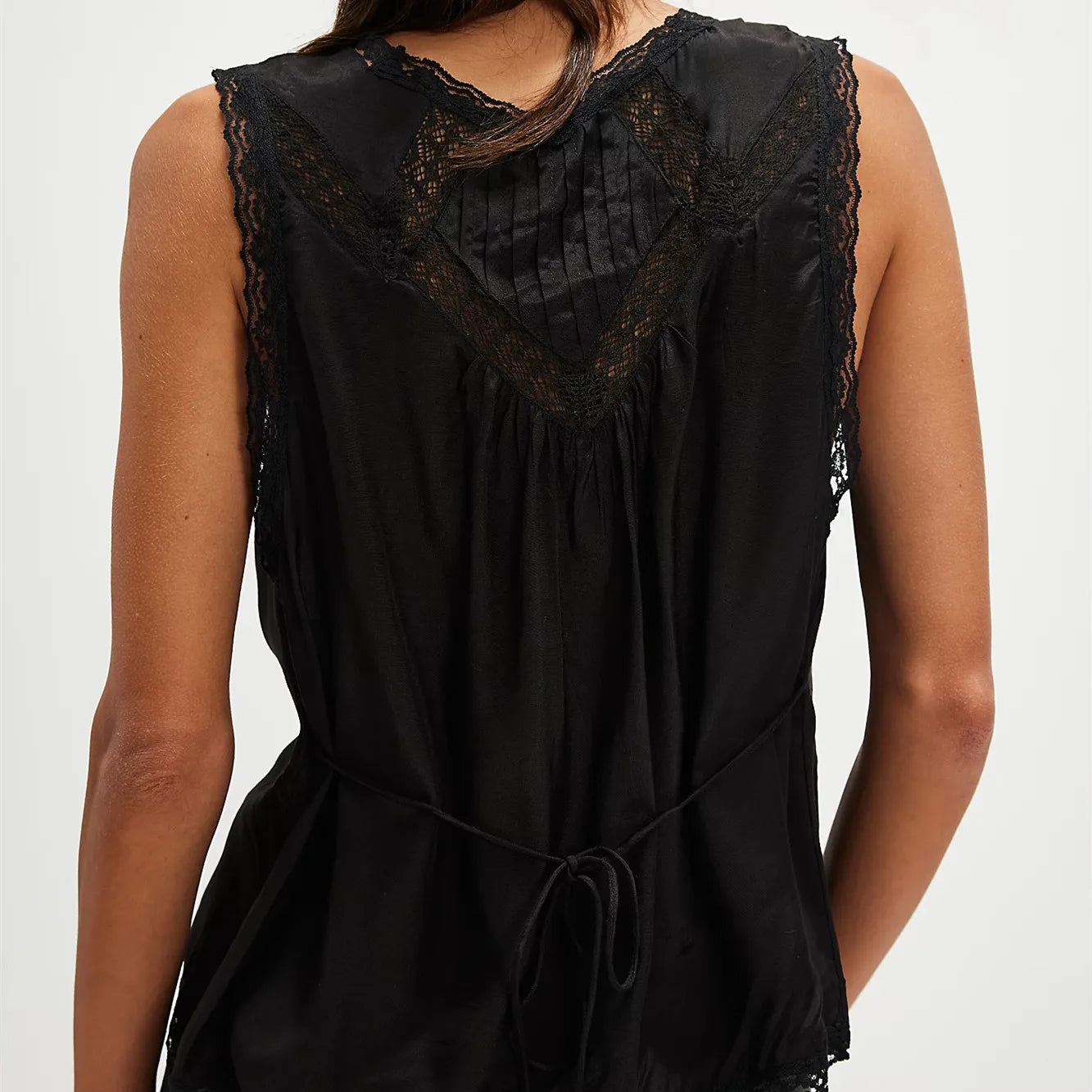 Lace Trim Bow Tank Low-Cut V-Neck, Sleeveless