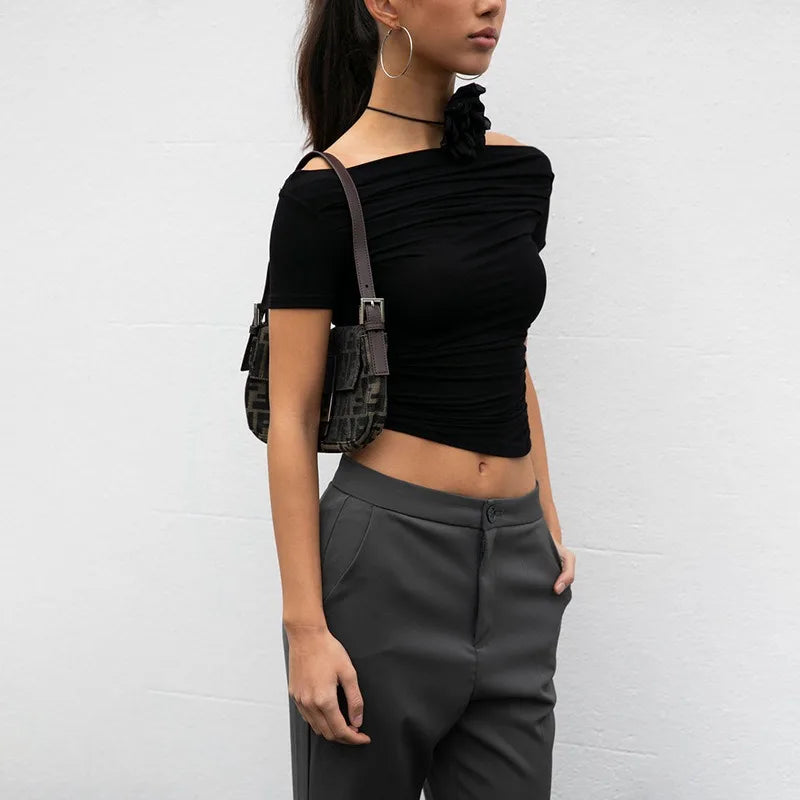 Slash Neck Bodycon Crop Tee – Short Sleeve