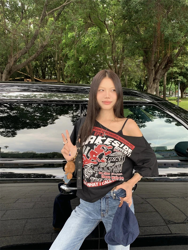 Retro Cartoon One-Shoulder Tee