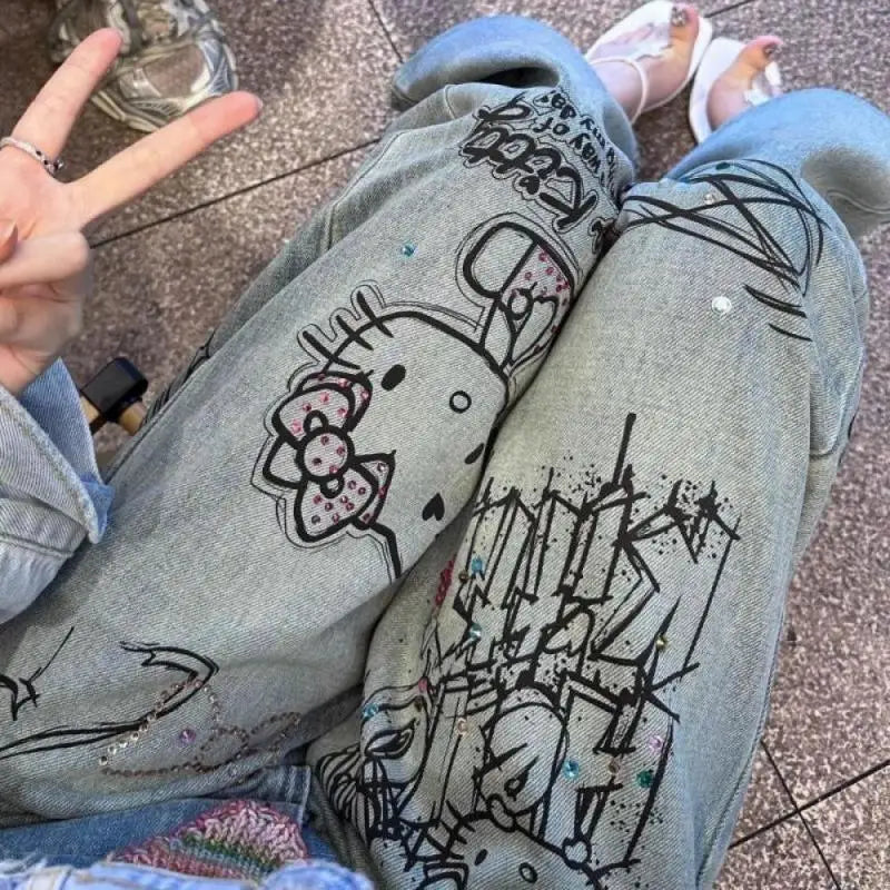 Graffiti Anime Print Loose Jeans