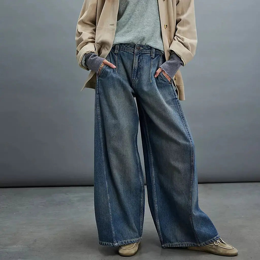 Washed Denim Baggy Jeans with Pleats