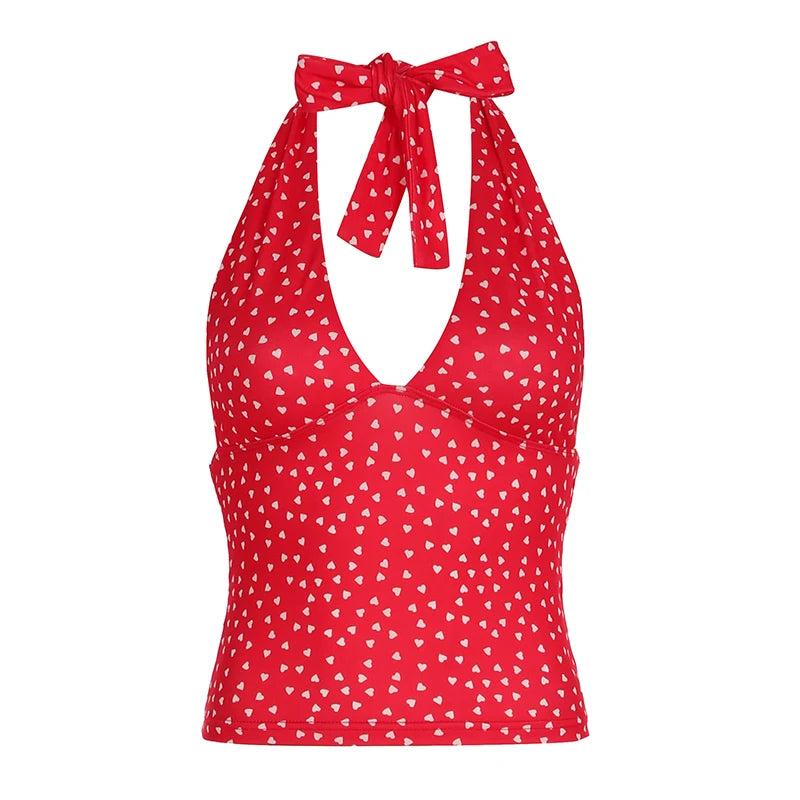 Halter Tank Top – Sweet Print, V-Neck & Backless Style