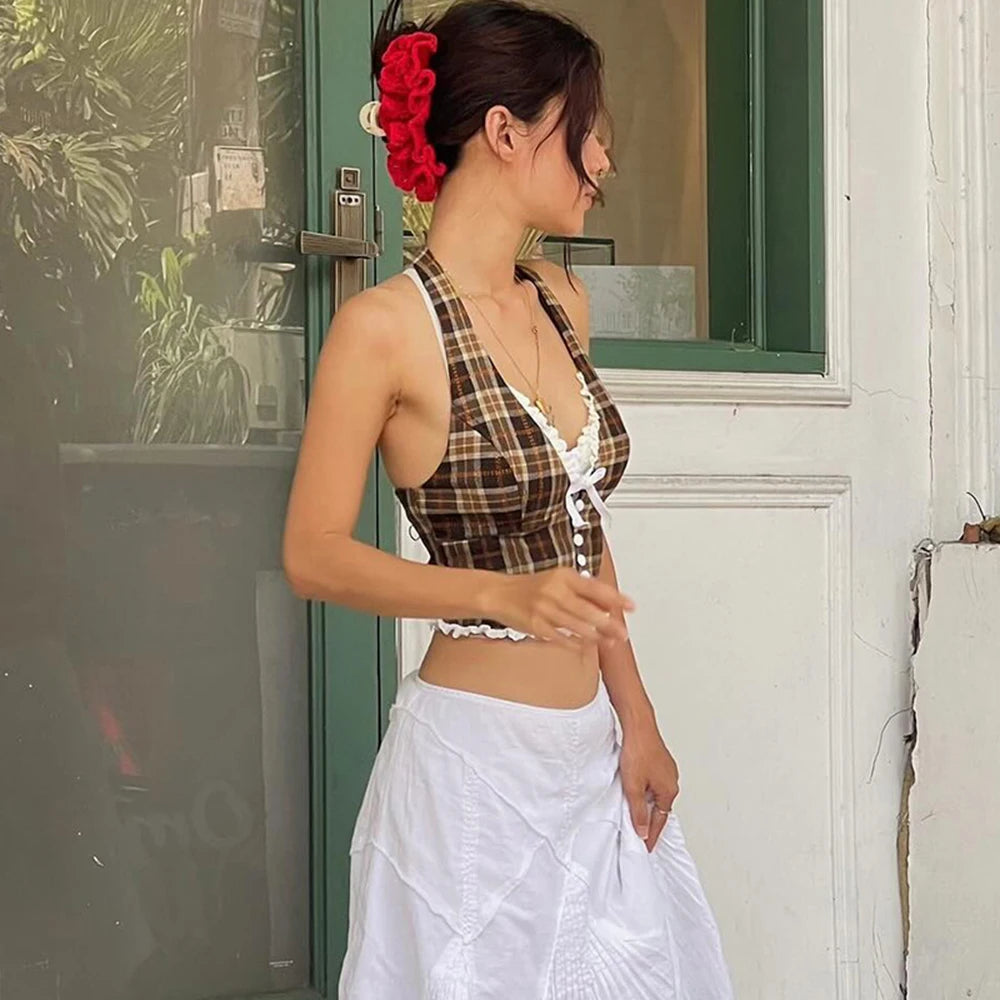 Plaid Halterneck Crop Top – V-Neck, Backless with Lace & Bow Detail
