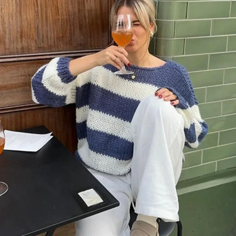 Striped Sweater Oversized Long Sleeve Color Block Knitted