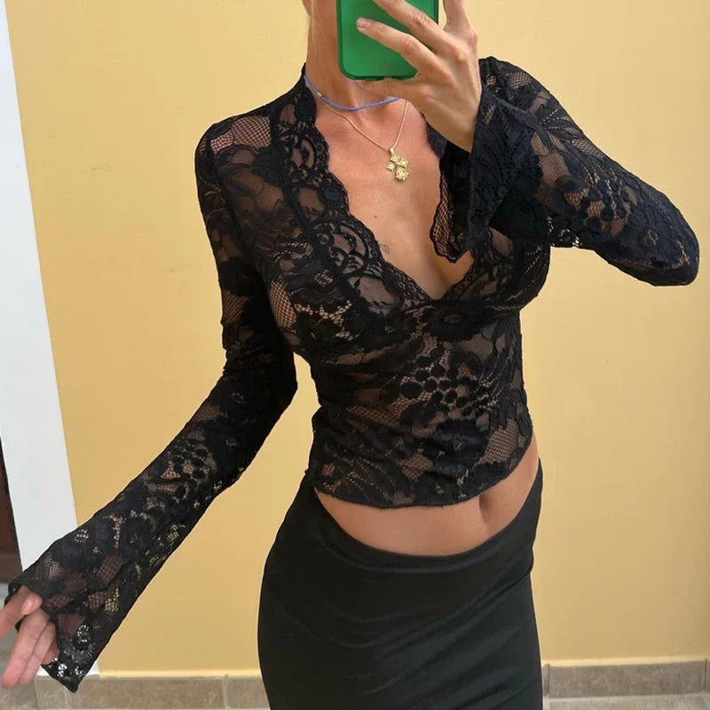 Sheer Lace Top with Flared Sleeves & V-Neck
