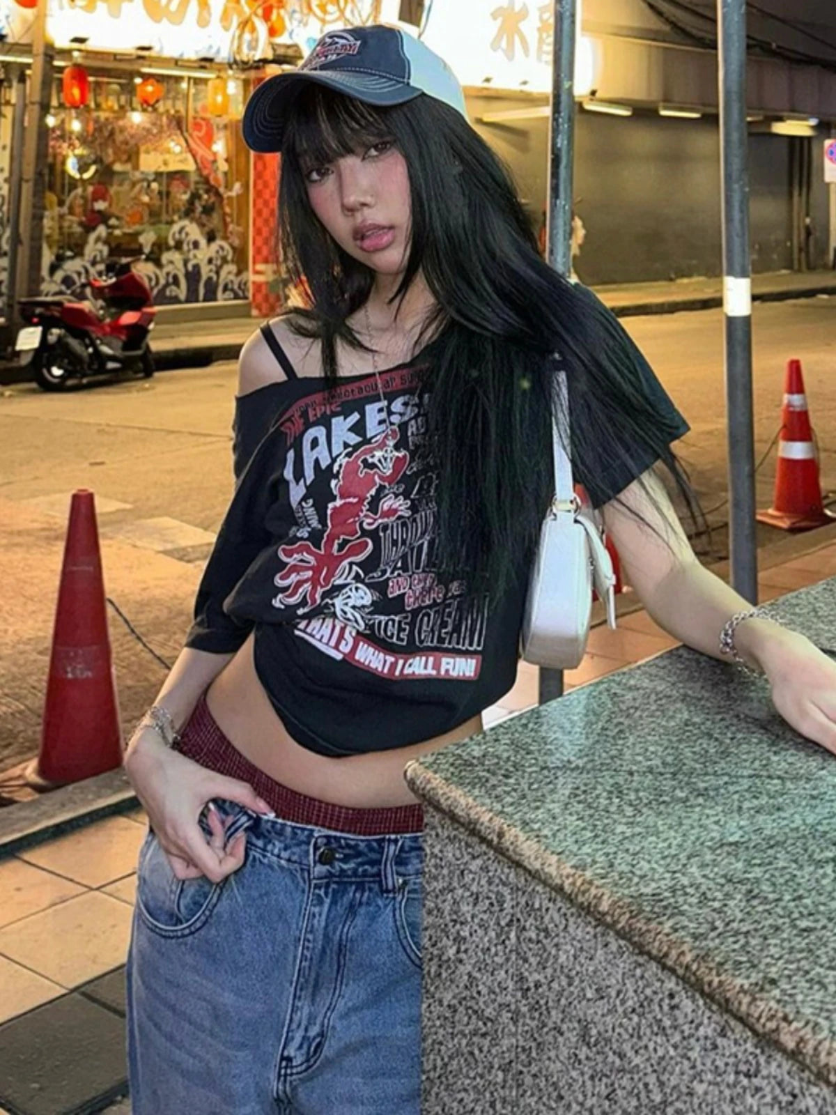 Retro Cartoon One-Shoulder Tee