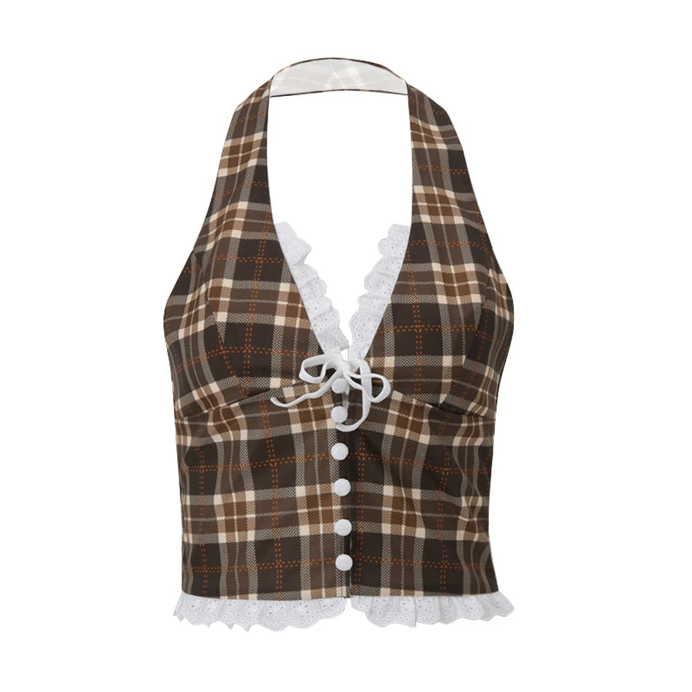 Plaid Halterneck Crop Top – V-Neck, Backless with Lace & Bow Detail