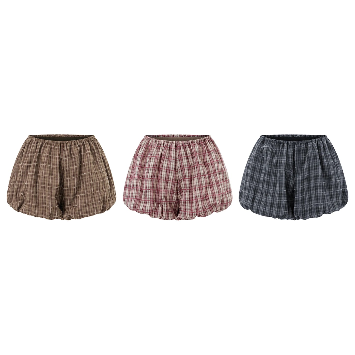 Elastic Low Waist Plaid Lantern Shorts