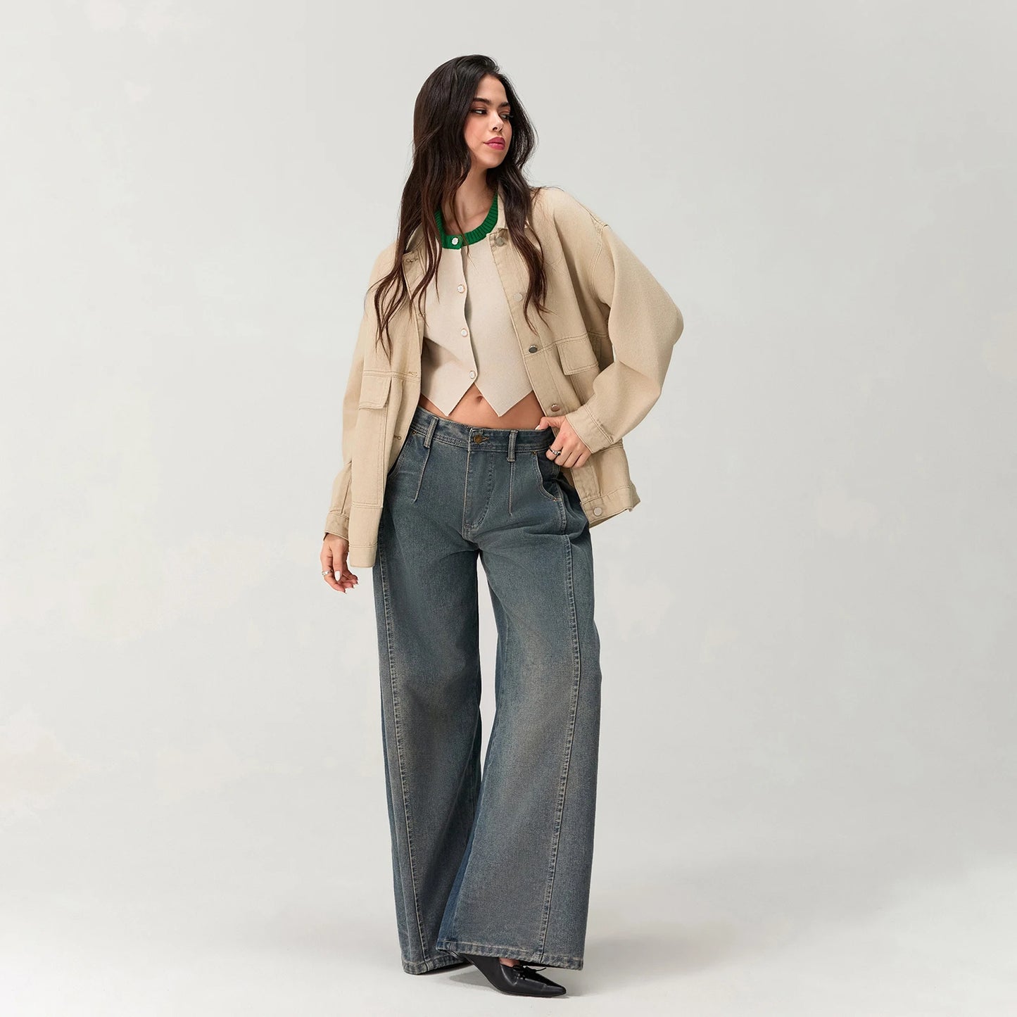Washed Denim Baggy Jeans with Pleats