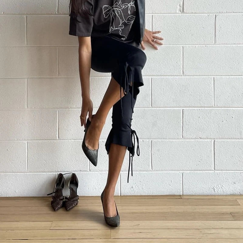 Tie-up Ruffle Hem Capri Pants