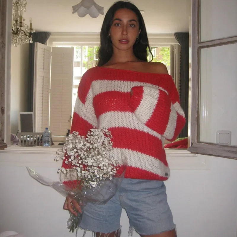 Striped Sweater Oversized Long Sleeve Color Block Knitted