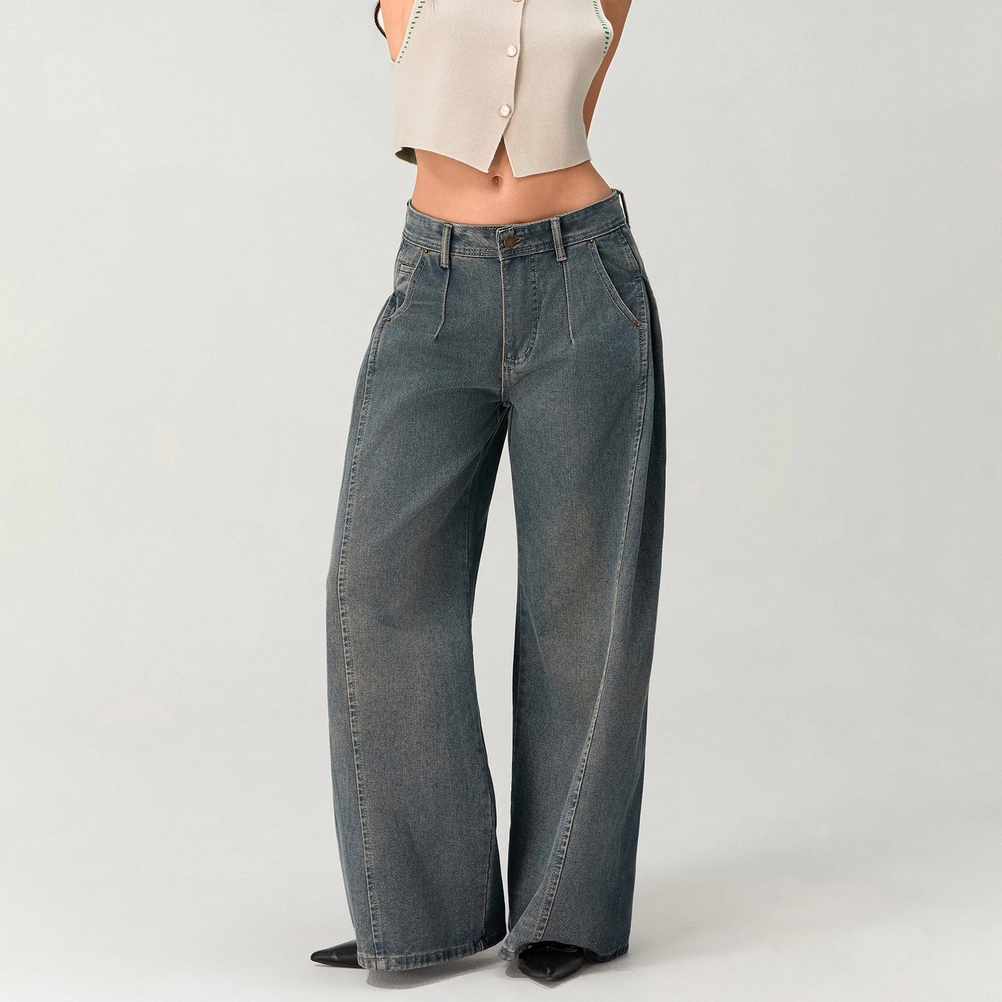 Washed Denim Baggy Jeans with Pleats