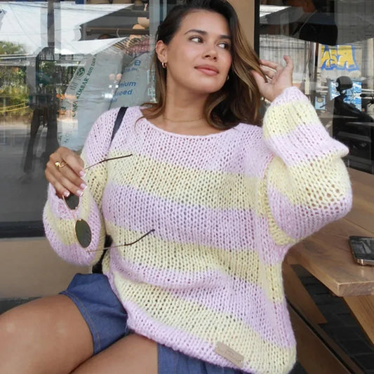 Striped Sweater Oversized Long Sleeve Color Block Knitted
