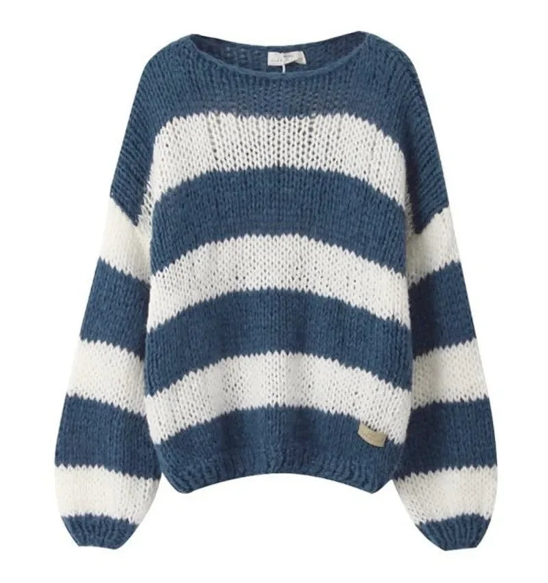 Striped Sweater Oversized Long Sleeve Color Block Knitted