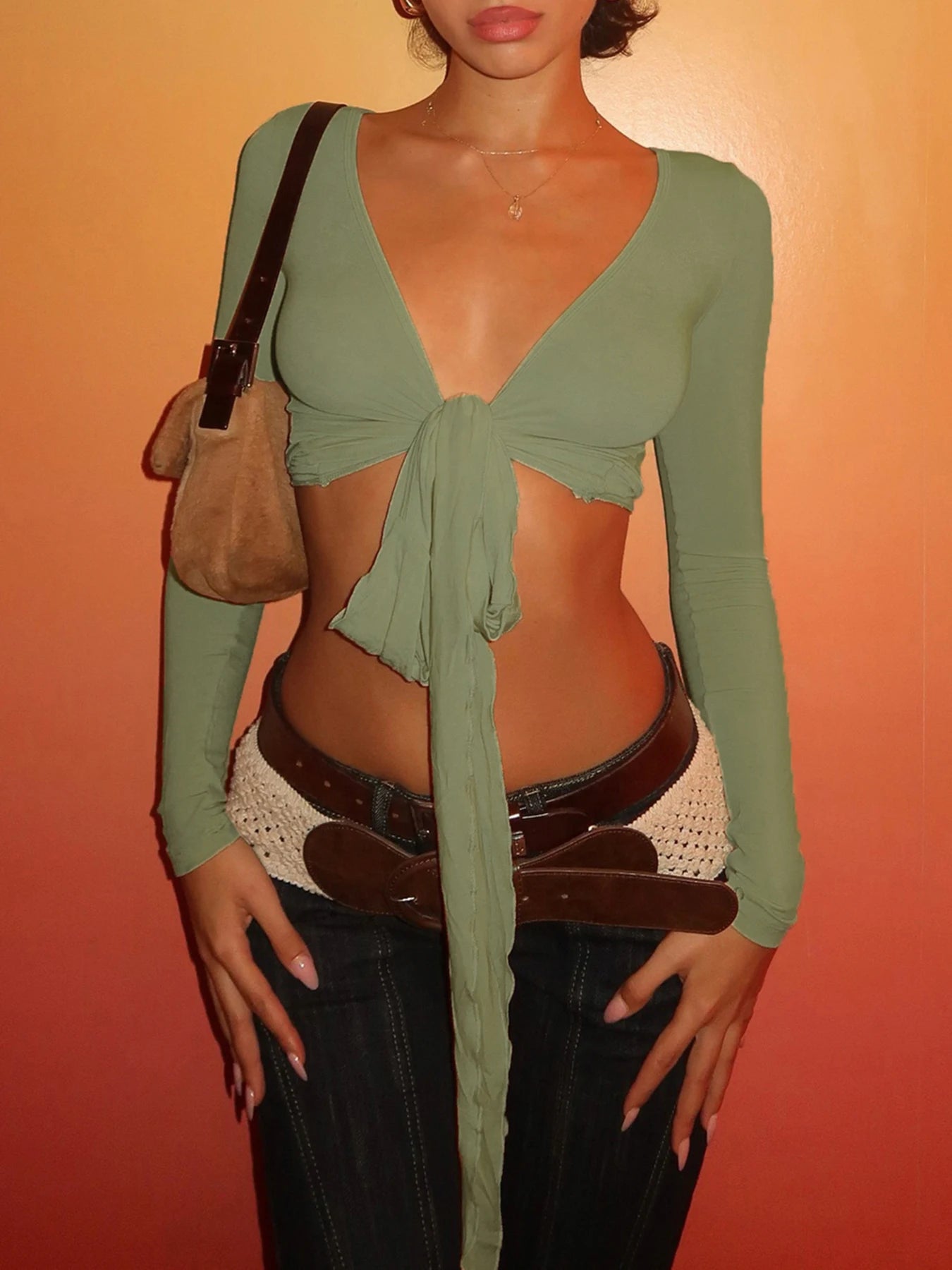 Slim Lace-Up V-Neck Top Long Sleeve