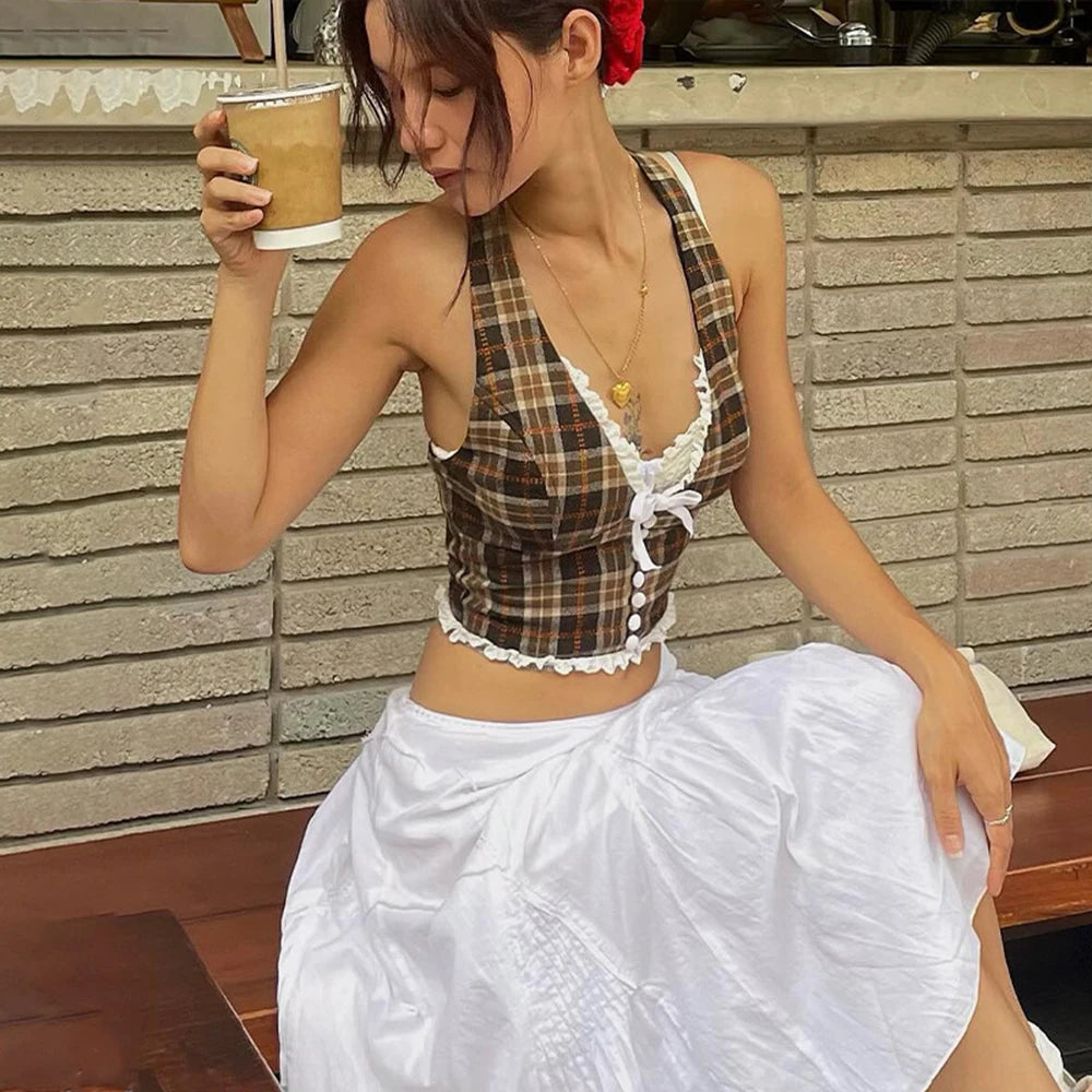 Plaid Halterneck Crop Top – V-Neck, Backless with Lace & Bow Detail