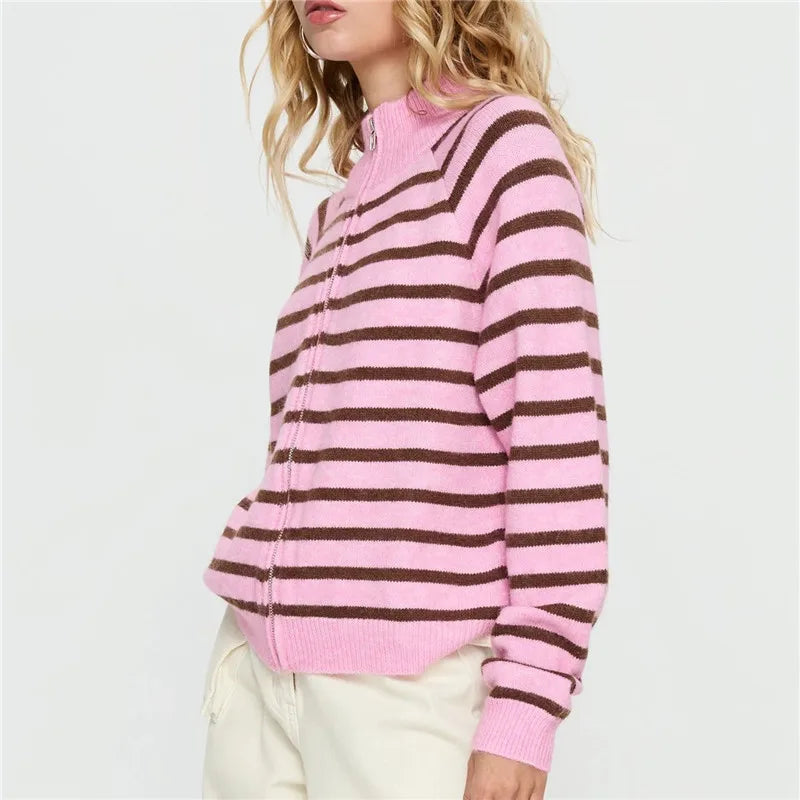 Zip Up Striped Cardigan  High Neck Long Sleeve