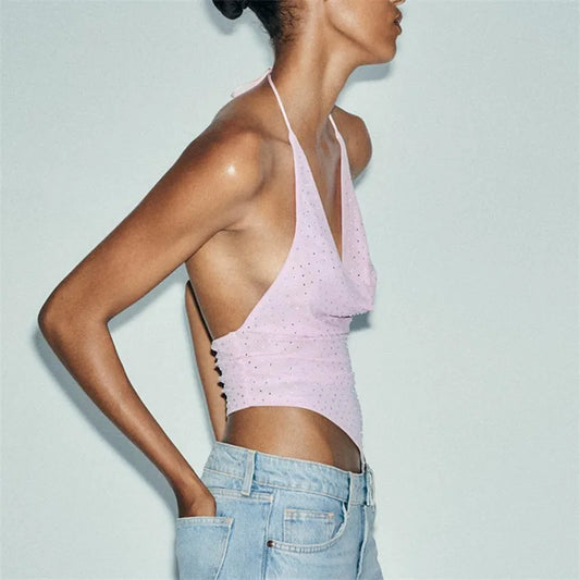 Sequin Halter Cowl Neck Backless Crop Top