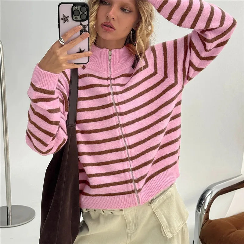 Zip Up Striped Cardigan  High Neck Long Sleeve