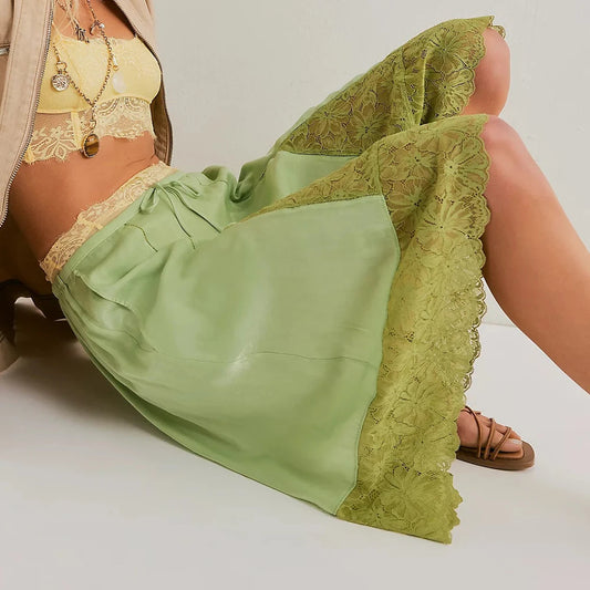 Lace Floral Bloomers Pants Silk Satin Patchwork