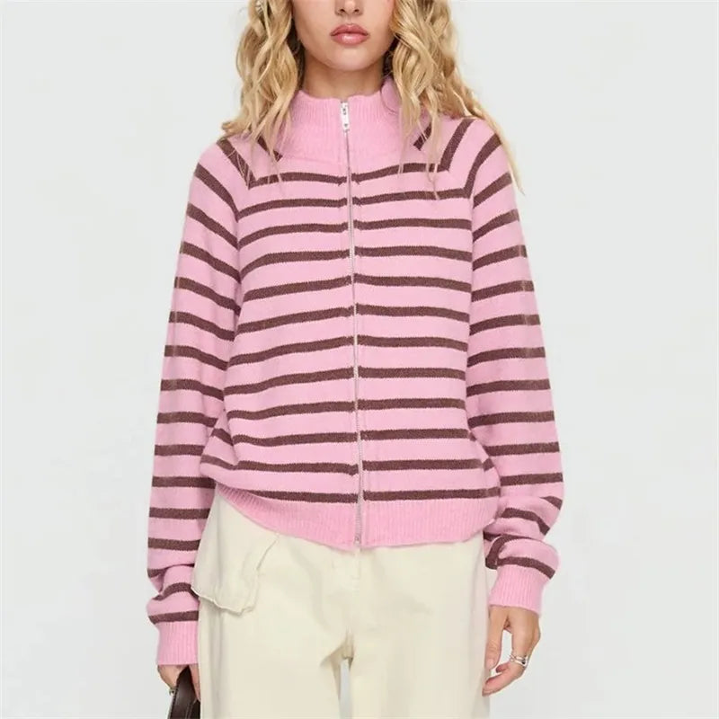 Zip Up Striped Cardigan  High Neck Long Sleeve