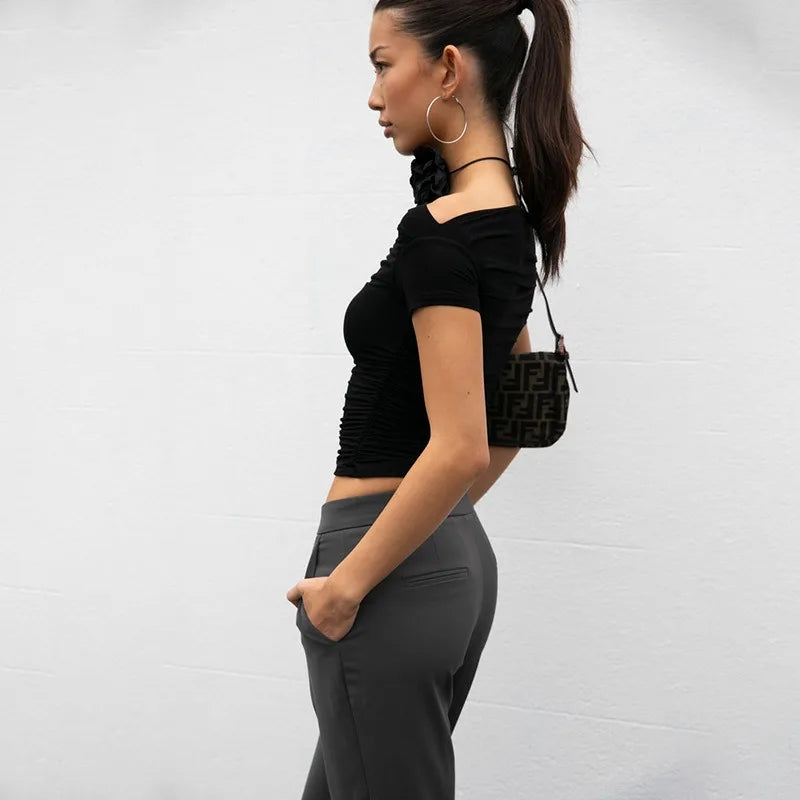 Slash Neck Bodycon Crop Tee – Short Sleeve