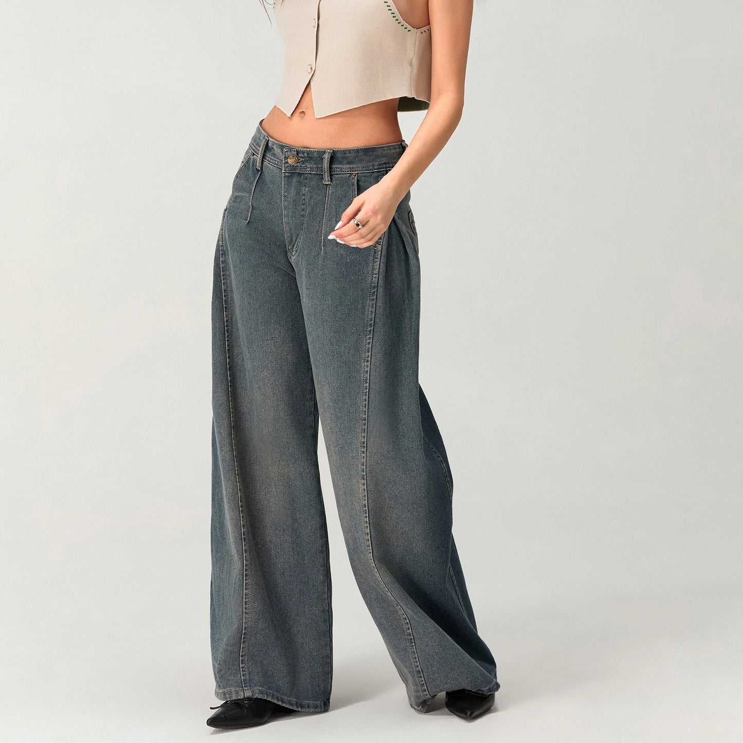 Washed Denim Baggy Jeans with Pleats