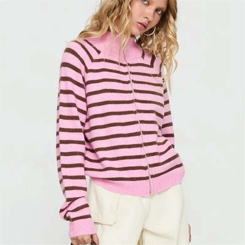 Zip Up Striped Cardigan  High Neck Long Sleeve
