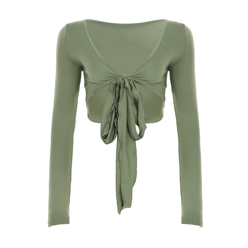 Slim Lace-Up V-Neck Top Long Sleeve