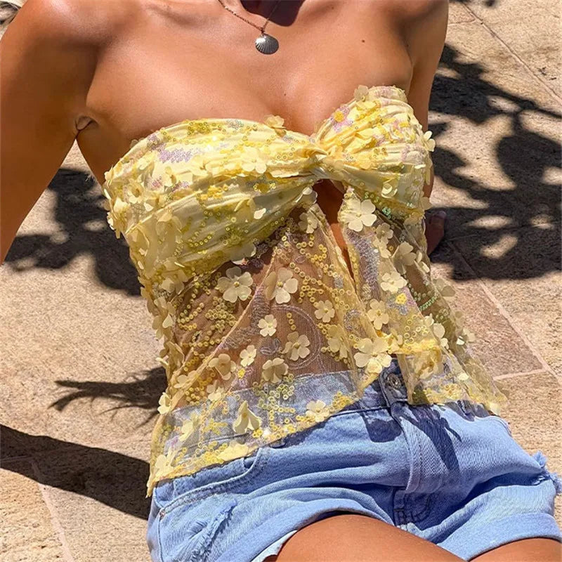 Sequin Strapless Tube Top Sleeveless Twist, Split Front