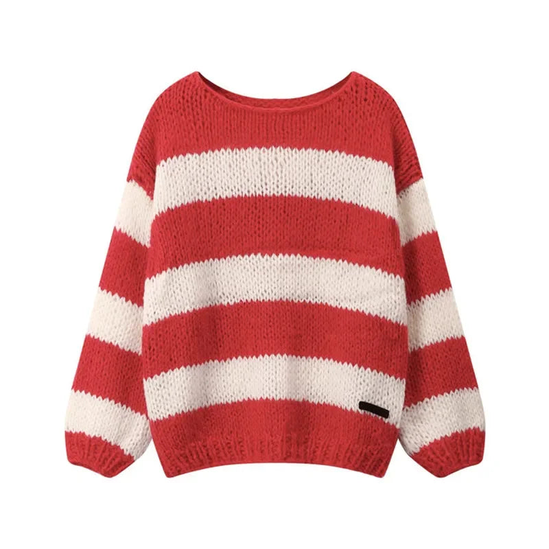 Striped Sweater Oversized Long Sleeve Color Block Knitted