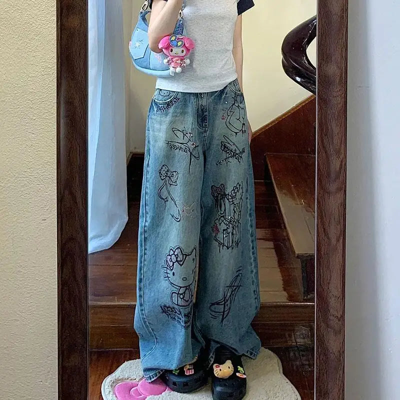 Graffiti Anime Print Loose Jeans