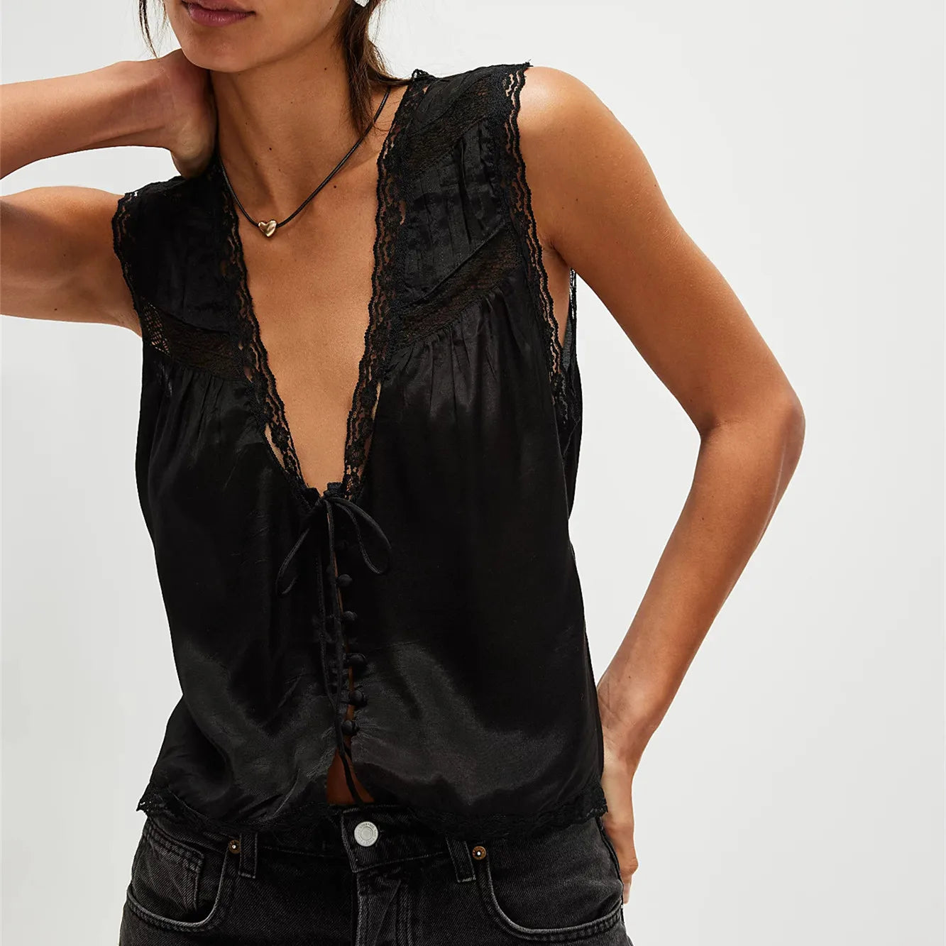 Lace Trim  Bow Tank Low-Cut V-Neck, Sleeveless