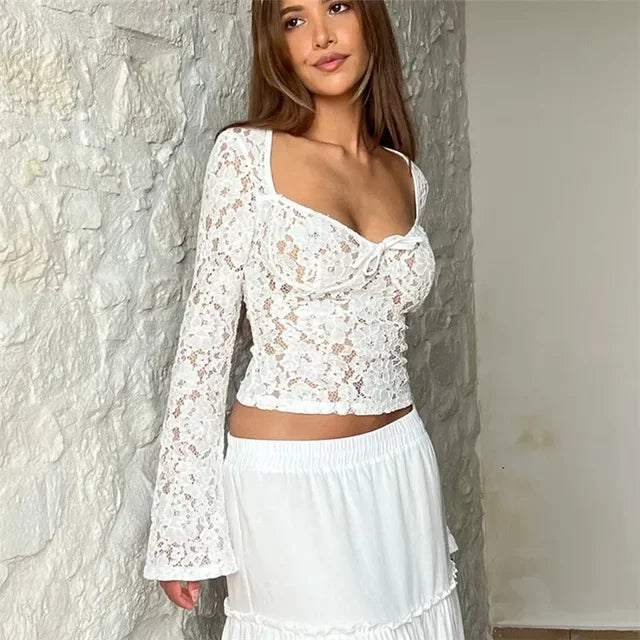 Sheer Lace Top with Flared Sleeves & V-Neck