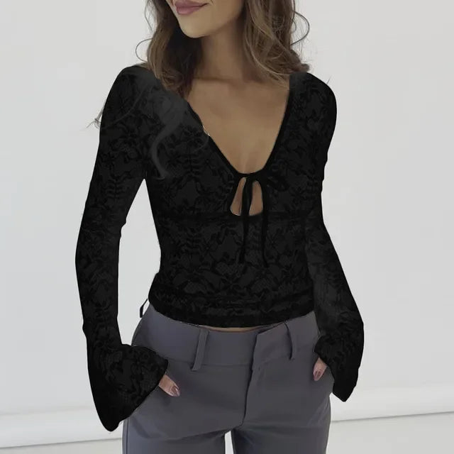 Sheer Lace Top with Flared Sleeves & V-Neck