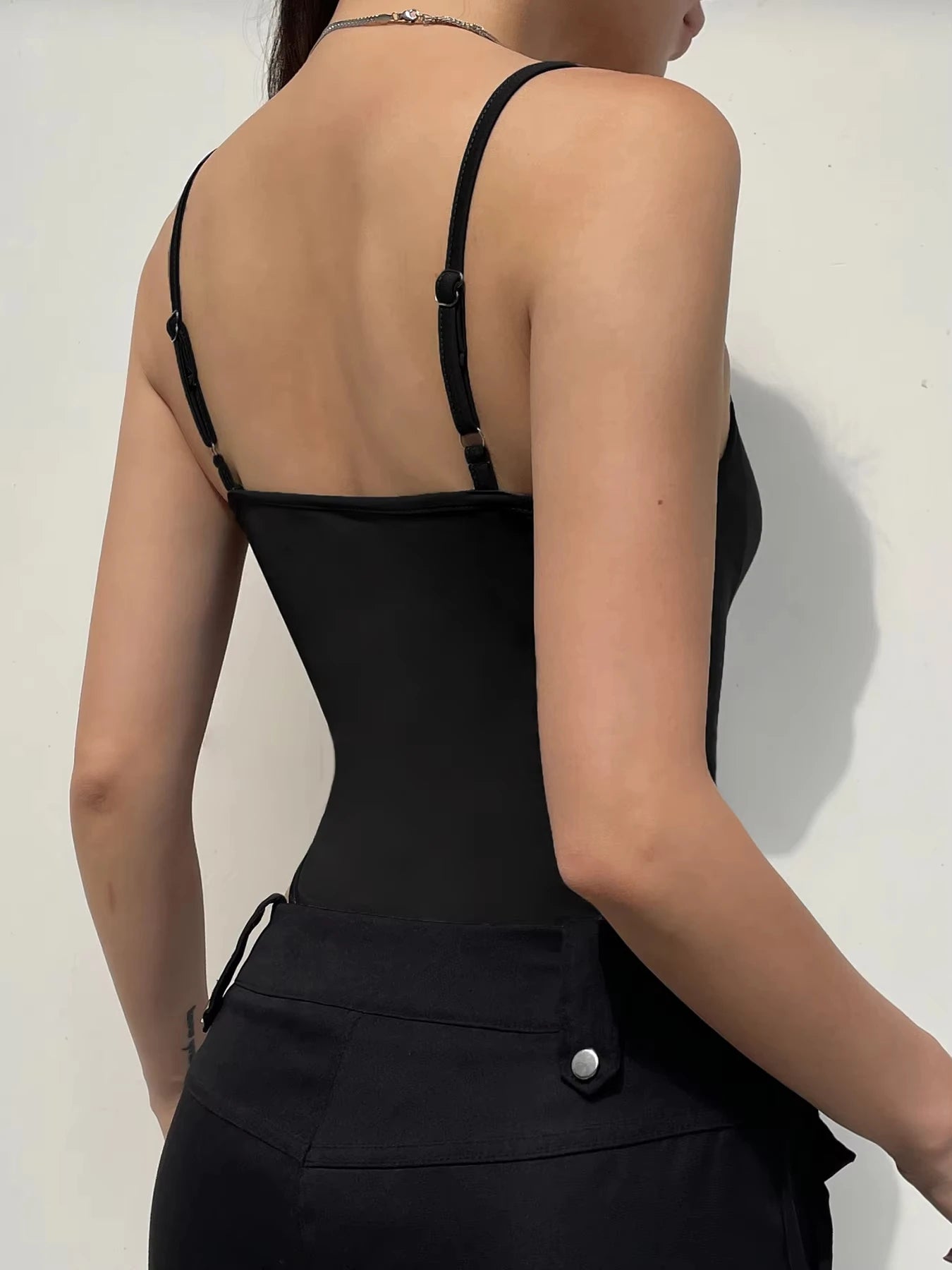 Sweetown Sleeveless Shirred Bodysuit – Thin Strap, Slim Fit