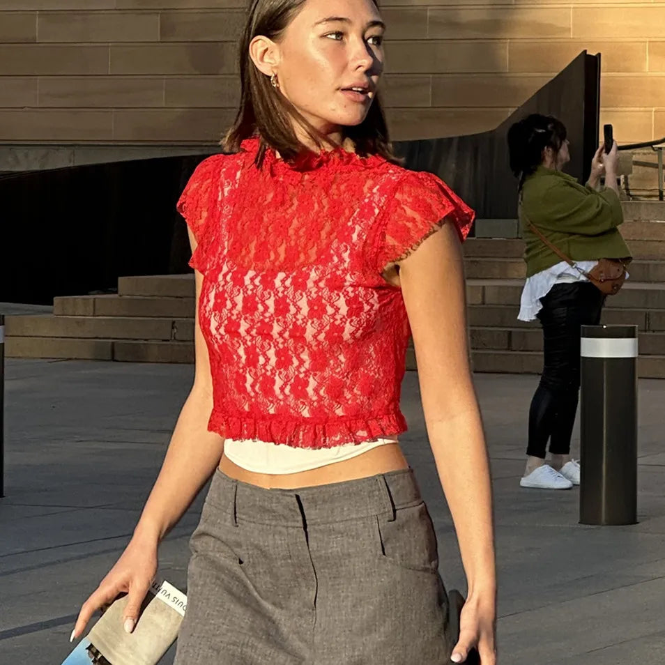 Lace Mesh Crop Top – Cap Sleeve, Deep V-Neck