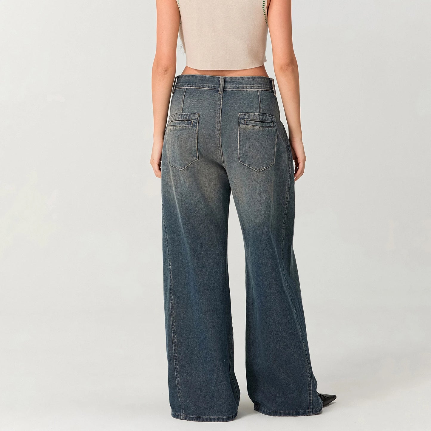 Washed Denim Baggy Jeans with Pleats
