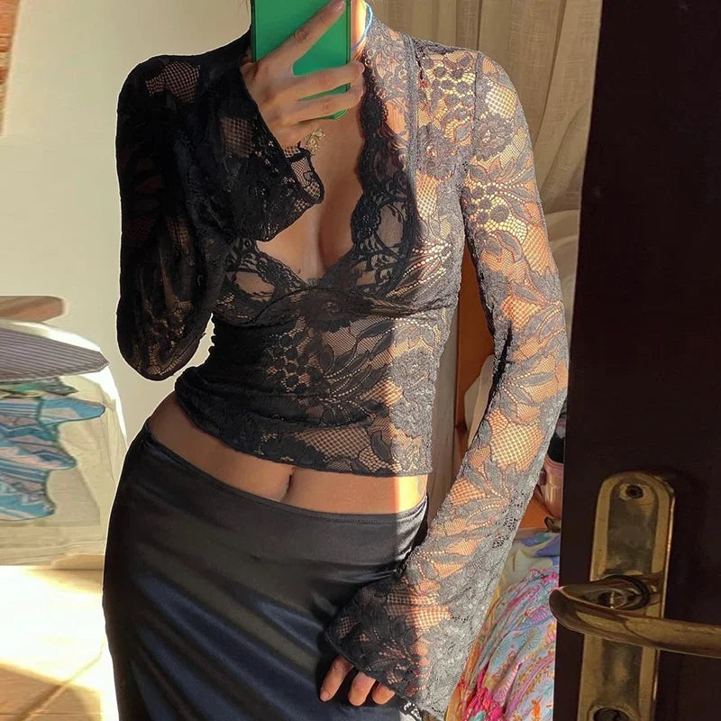 Sheer Lace Top with Flared Sleeves & V-Neck