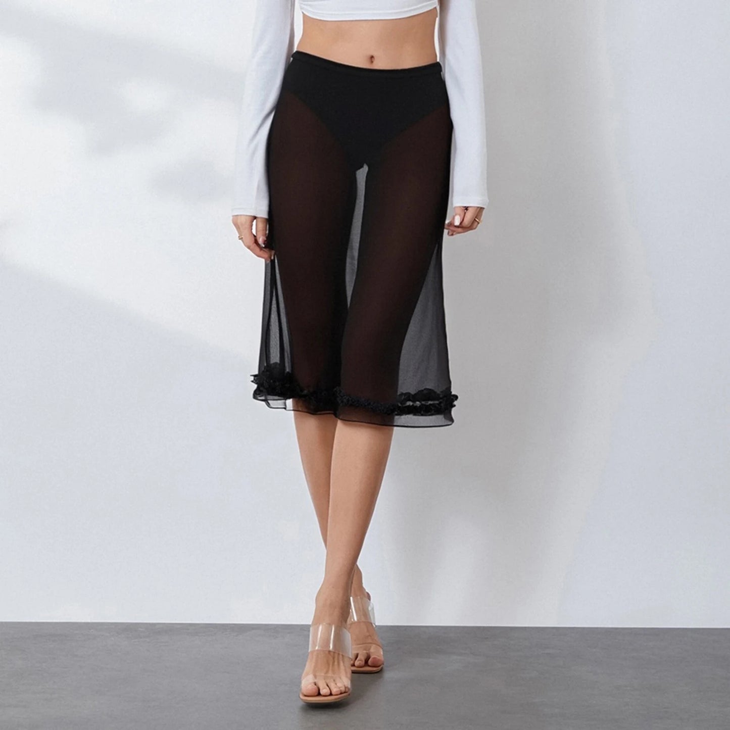 Sheer Skirts Knee Length Low Rise Ruffles