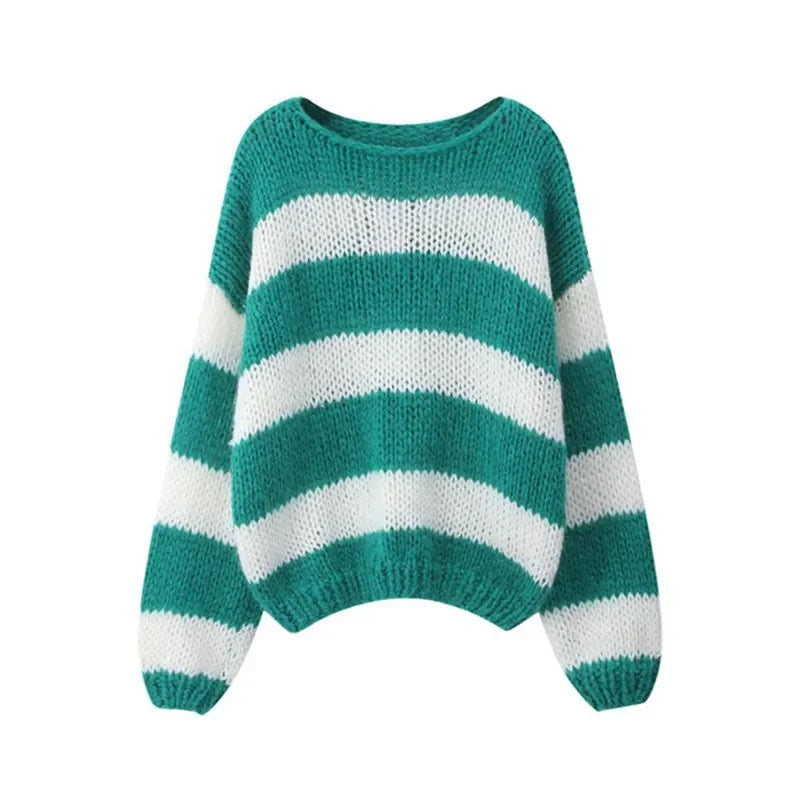 Striped Sweater Oversized Long Sleeve Color Block Knitted