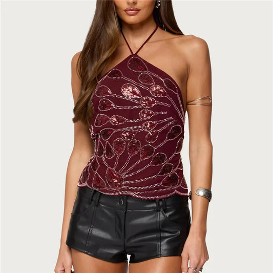 Sequined Crop Top Sleeveless Tie Backless