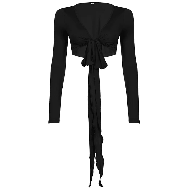 Slim Lace-Up V-Neck Top Long Sleeve