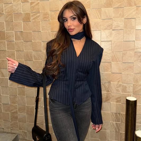 Lace-Up Striped Tailored Blazer