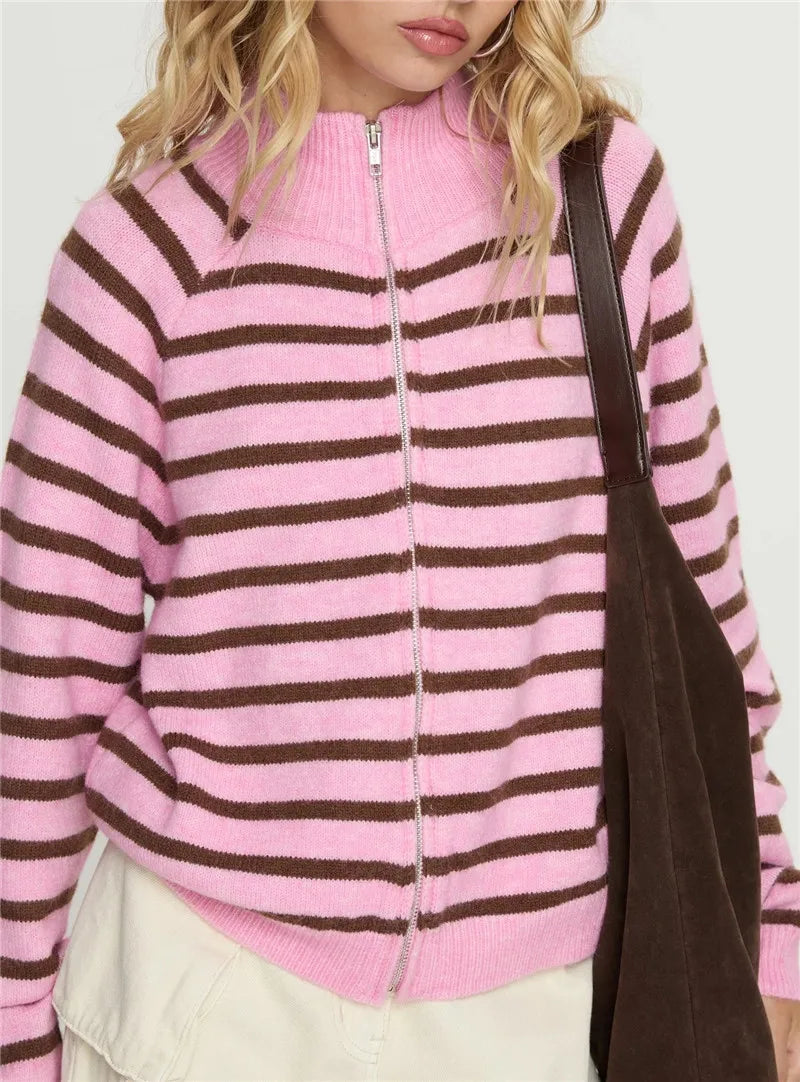 Zip Up Striped Cardigan  High Neck Long Sleeve