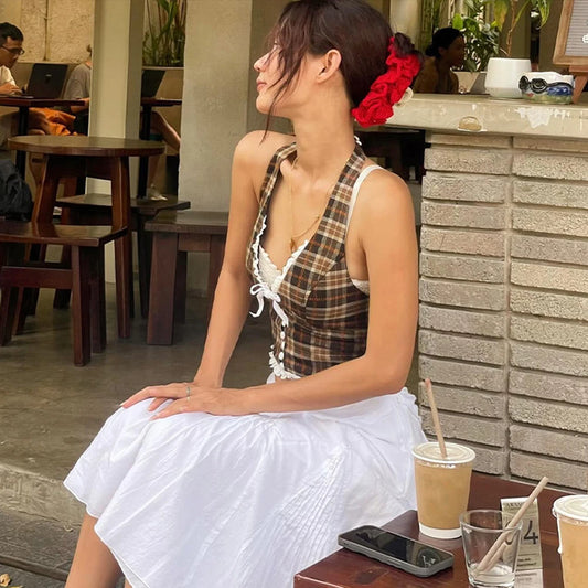 Plaid Halterneck Crop Top – V-Neck, Backless with Lace & Bow Detail