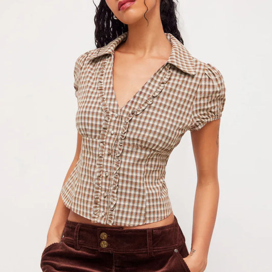 Ruffle Trim Plaid Shirt